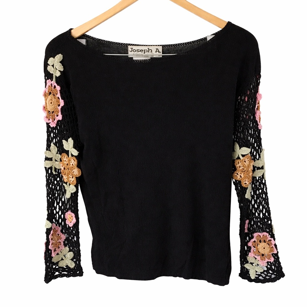 Joseph Black Knit Top with Crochet Floral Sleeves